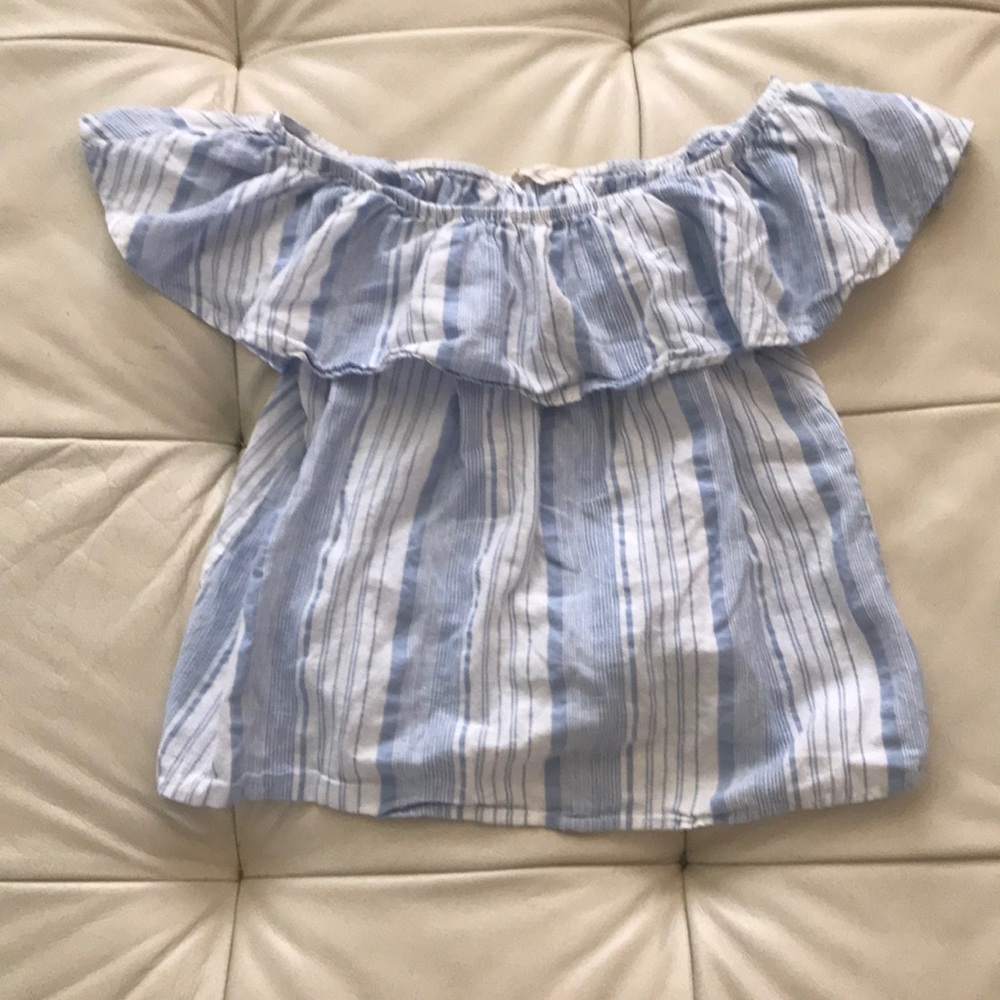 Dilusso Off Shoulder Striped Sky Blue Linen Blouse